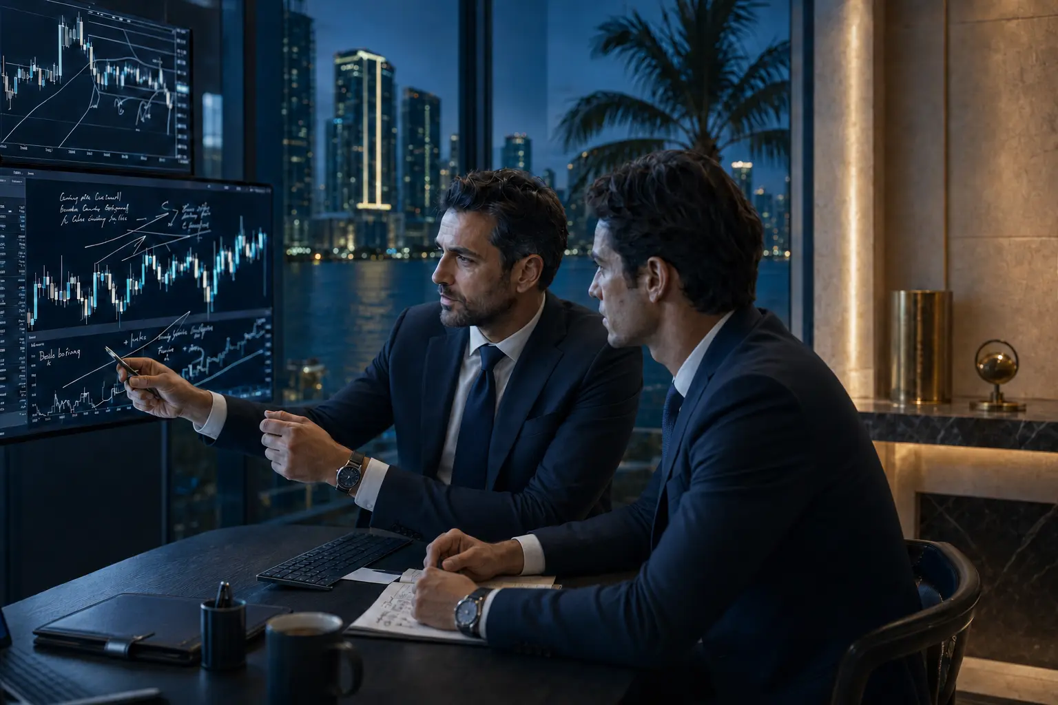 Private trading mentor reviewing live market charts with a student in a Miami office